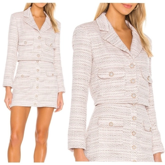 NWT REVOLVE X SONG OF STYLE Pastel Tweed Pearl Button Structured Crop Blazer XXL - Picture 2 of 9